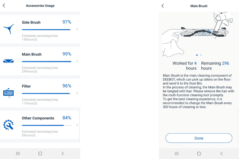 Maintenance instructions of the Ecovacs Deebot N8+’s components in the Ecovacs Home App.